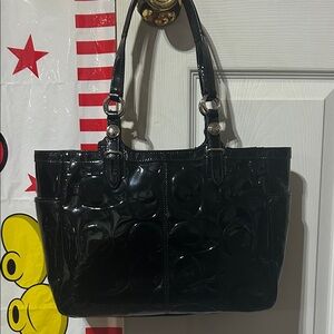 Coach Signature C Embossed Black Patent Leather Shoulder Bag with Coach hang tad